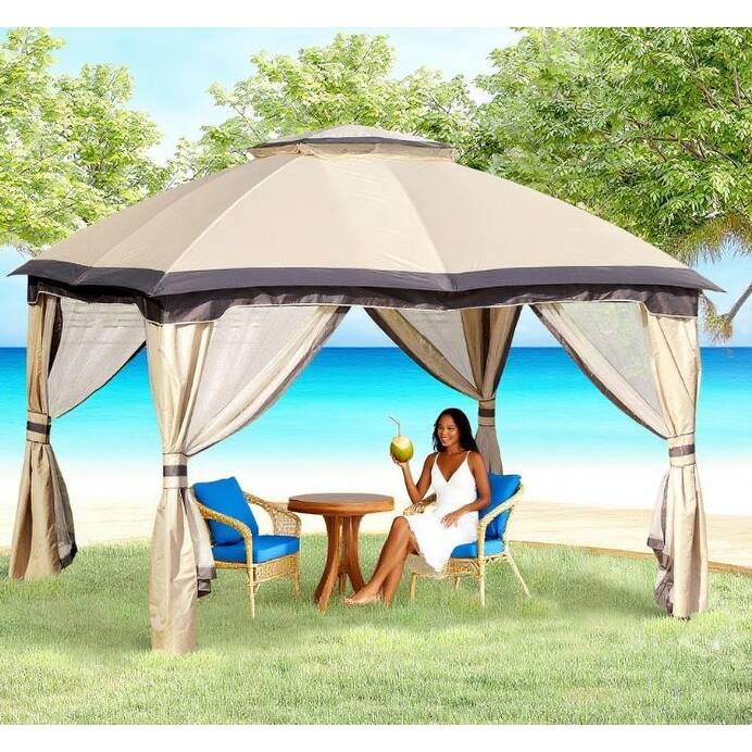 GDFStudio - 10'x12' Patio Gazebo Canopy Shelter with Double-Tier Roof, Mesh Walls & Corner Curtains - Beige