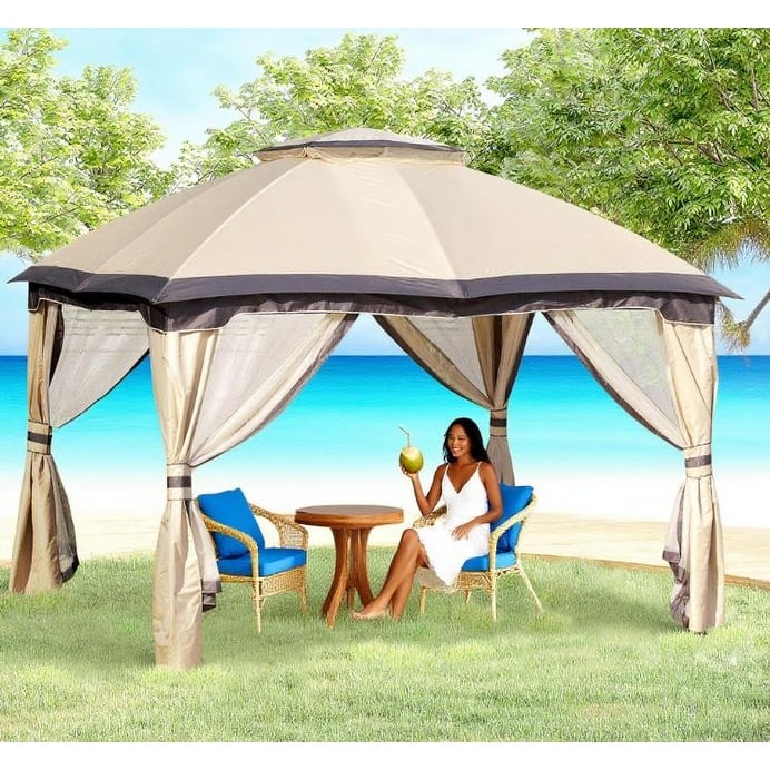 GDFStudio - 10'x12' Patio Gazebo Canopy Shelter with Double-Tier Roof, Mesh Walls & Corner Curtains