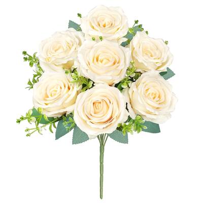 Set of 2 Ivory Artificial Elegant Rose Flower Stem Bush Bouquet 17in - 17" L x 9" W x 9" DP