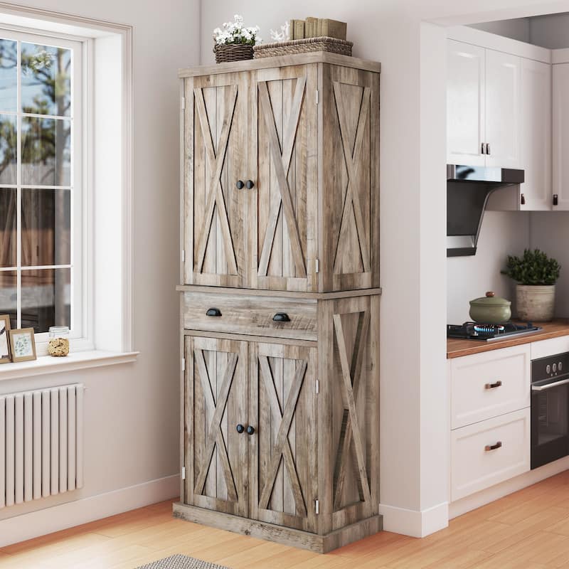 Moasis 72" H Wood Farmhouse Kitchen Pantry Cabinet with Adjustable Shelves & Drawer - Oak