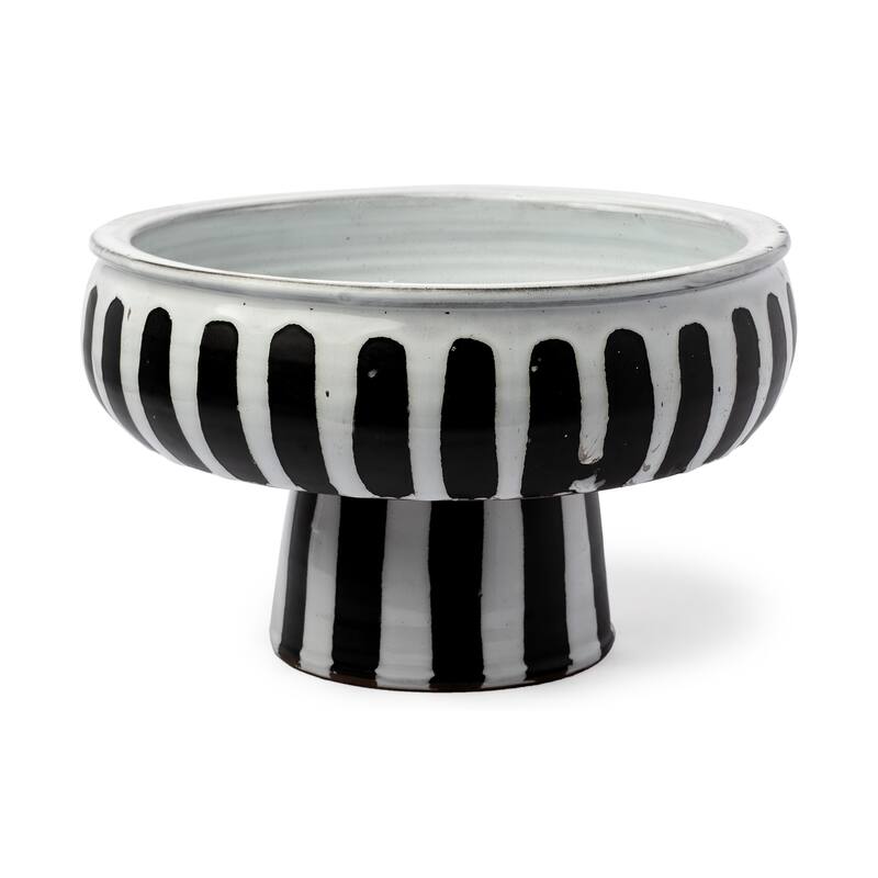HomeRoots 14" Black And White Ceramic Striped Round Centerpiece Bowl - 14.40 in. x 9.60 in. x 14.40 in.