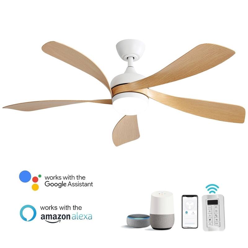 45/52 Inch Ceiling Fan with Remote & Lights Quiet DC Motor 5 Blade High CFM Modern Fan - White With Light Brown - 45'' Smart Control(Remote+APP+Voice Control)