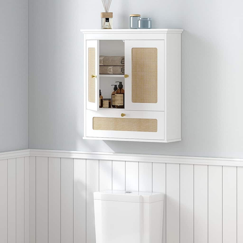 COSTARS Space-Saving Over-the-Toilet Wall Cabinet, Modern Rattan Bathroom Storage with Adjustable Shelf