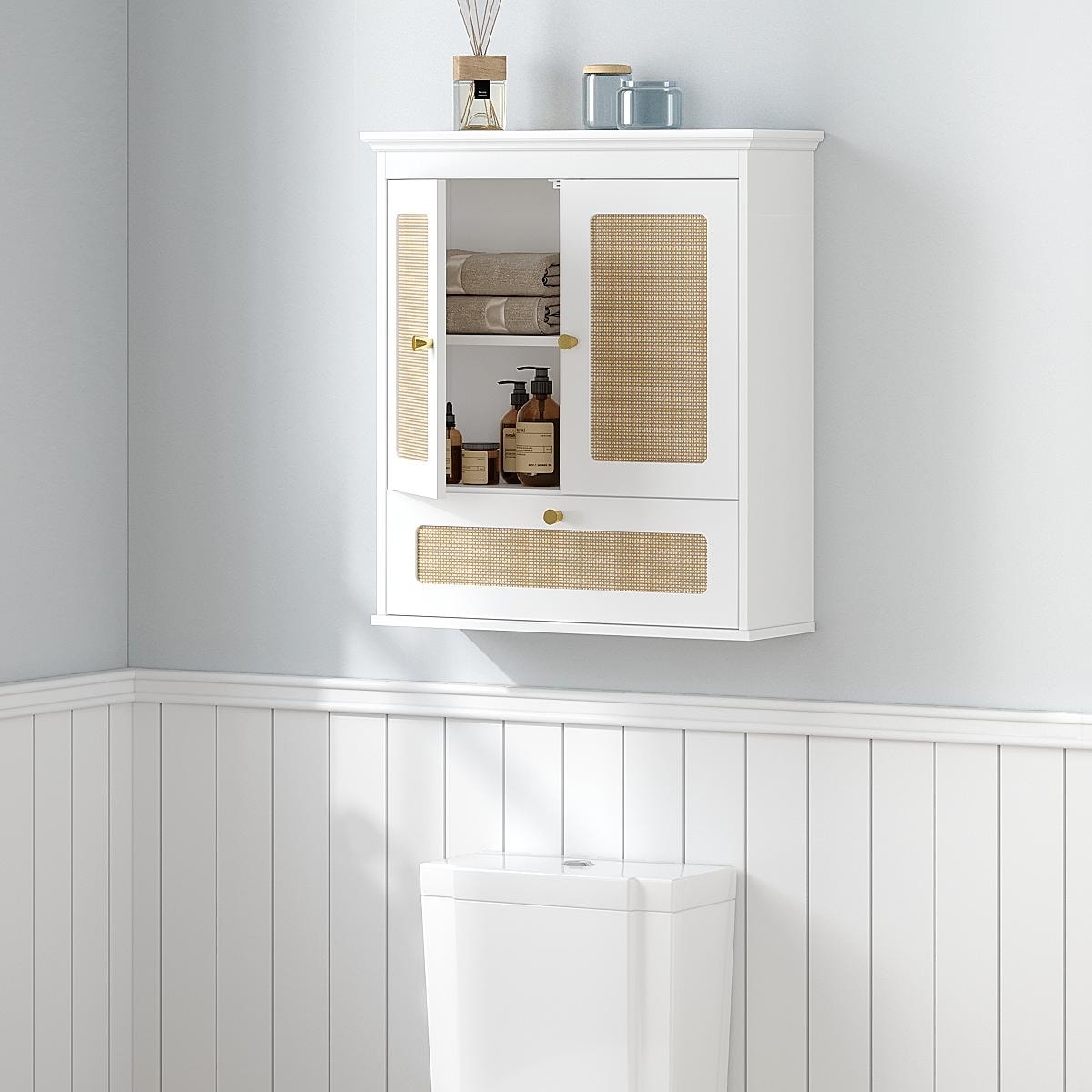 COSTARS Space-Saving Over-the-Toilet Wall Cabinet, Modern Rattan Bathroom Storage with Adjustable Shelf