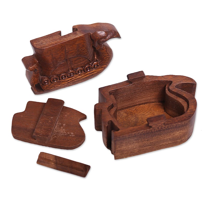 Novica Handmade Swan Ship Decorative Wood Puzzle Box