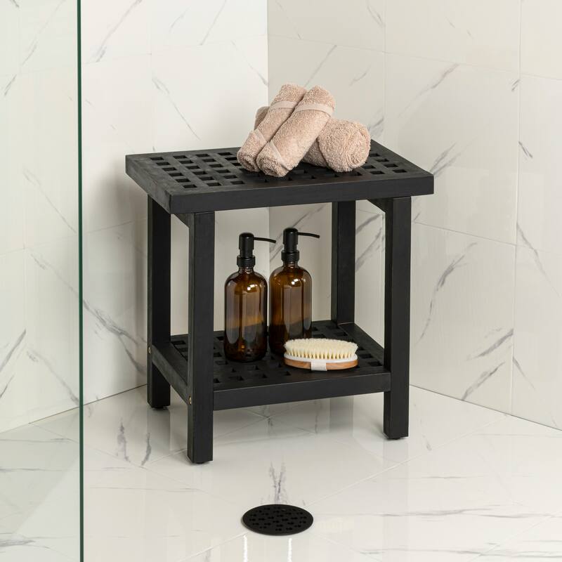 Armin 18.1" Classic Grid Slat Solid Acacia Wood Indoor/Outdoor Shower Stool, By JONATHAN Y - 18.1L x 11.81W x 17.72H