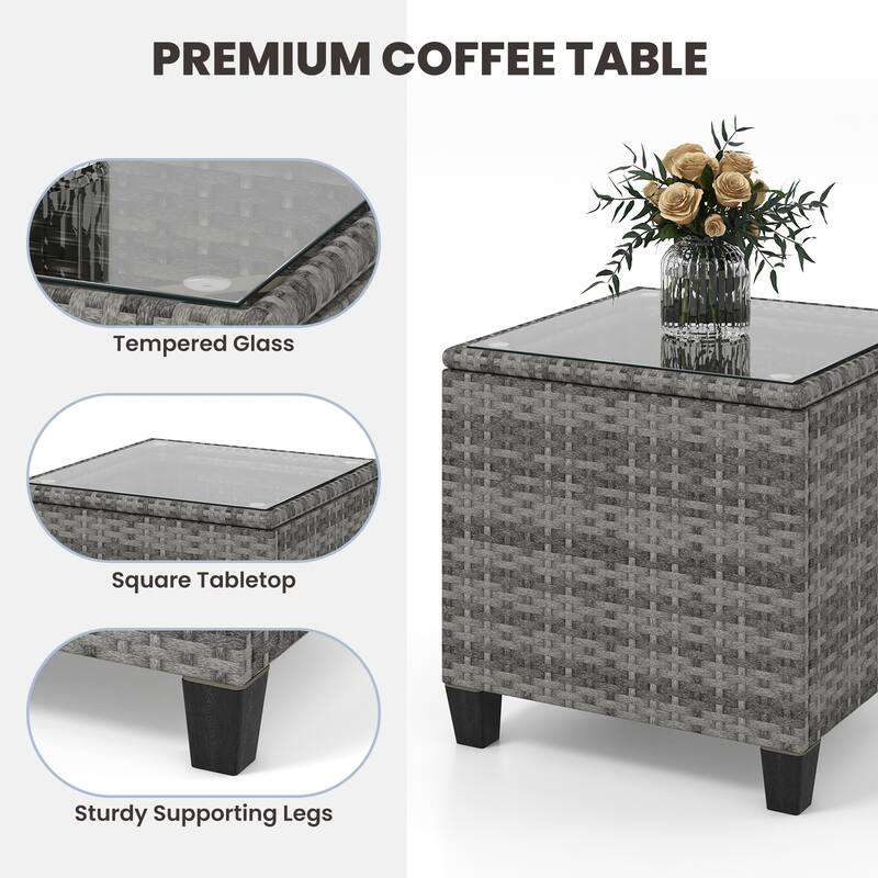 Gymax Set of 3 Wicker Rocking Set Patio w/ Tempered Glass Table & Soft