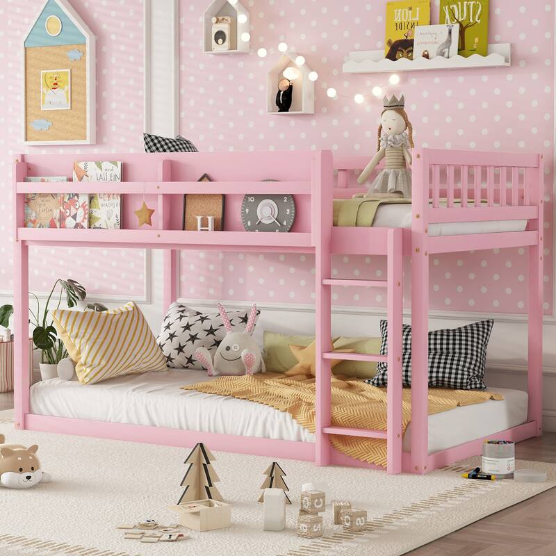 Low Twin Over Twin Bunk Bed, Floor Bunk Bed with Ladder and Storage Shelf, Convertible Design Twin Size Bunk Bed Frame