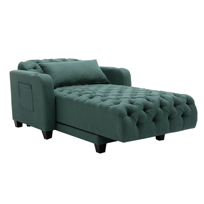 Linen Upholstered Multifunctional Tufted Wireless Charging Leisure Sleeper Armchair with 2 Cup Holders