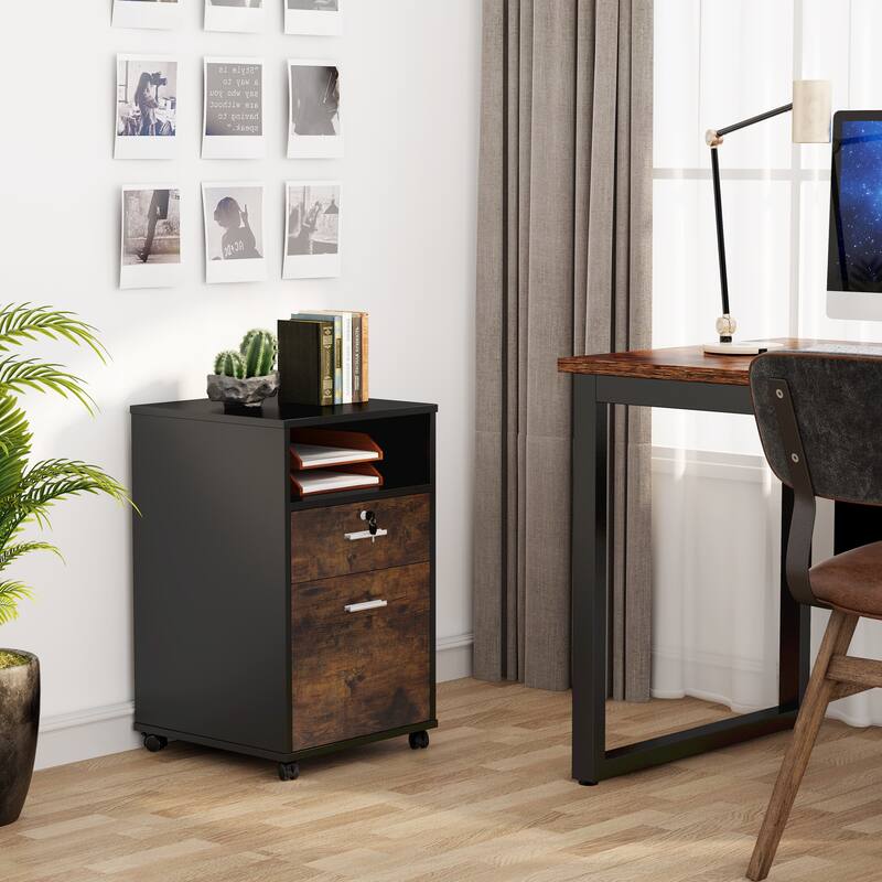 2 Drawer Mobile File Cabinet with Lock, Wood Modern Filing Cabinet