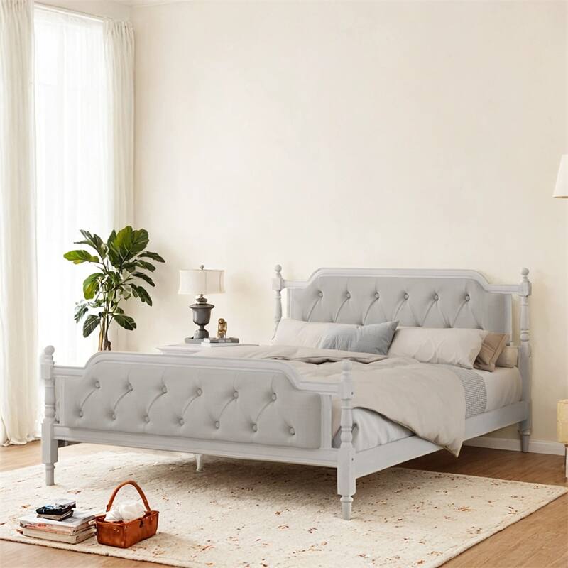 Traditional Style Solid Wood Bed Frame w/Upholstered Tufted Headboard