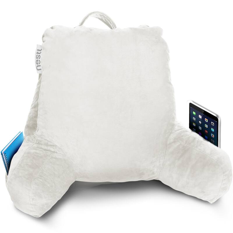 Nestl Memory Foam Reading Pillow with Backrest, Arms and Pockets - Medium - White