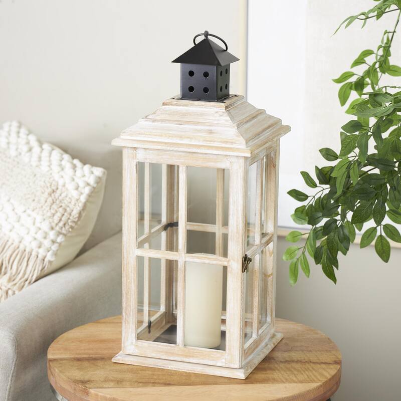 Brown or Light Brown Wood Lighthouse Style Decorative Indoor Outdoor Candle Lantern with Black Ring Handle