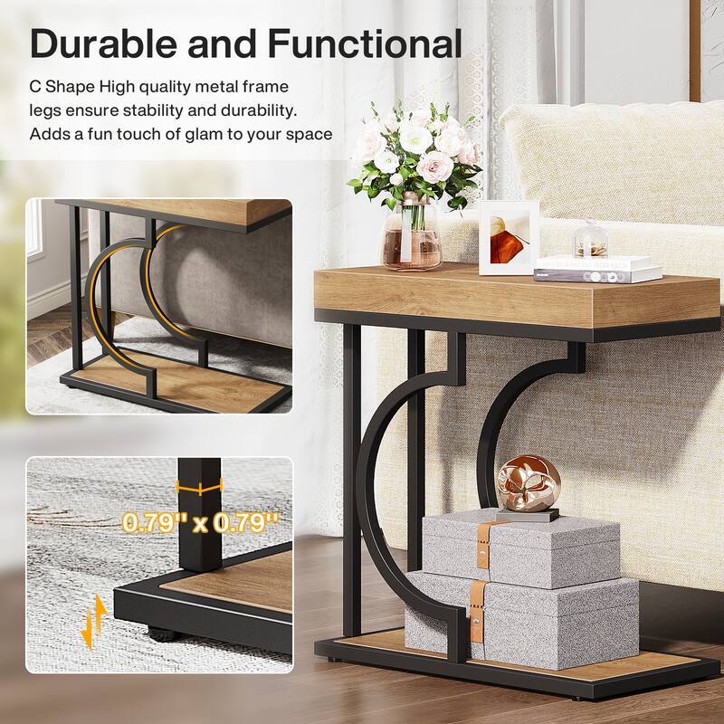 Narrow Side Table C Shaped End Table for Living Room