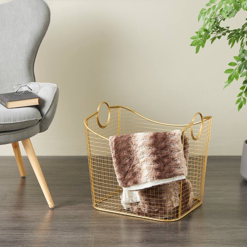 Gold Metal Wire Grid Storage Basket with Curved Edges Ring Handles - Gold - 20"W, 19"H