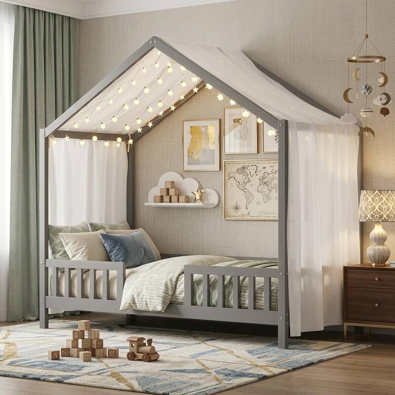 Whimsical Montessori-Inspired Floor Bed with Canopy & Full Safety Rails by Harper&Bright Designs - Grey - Twin