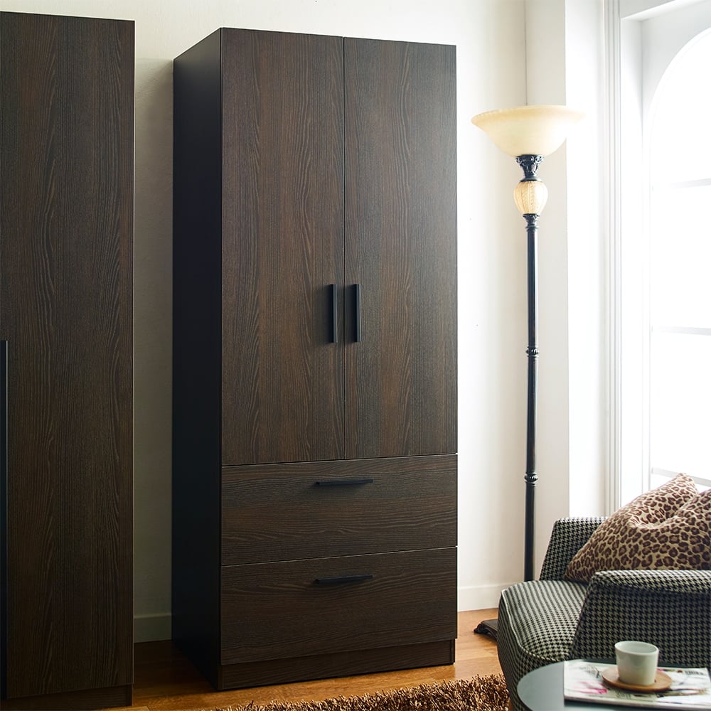 Brook Two-Door Wood Closet with Two Drawers and a Hanging Bar