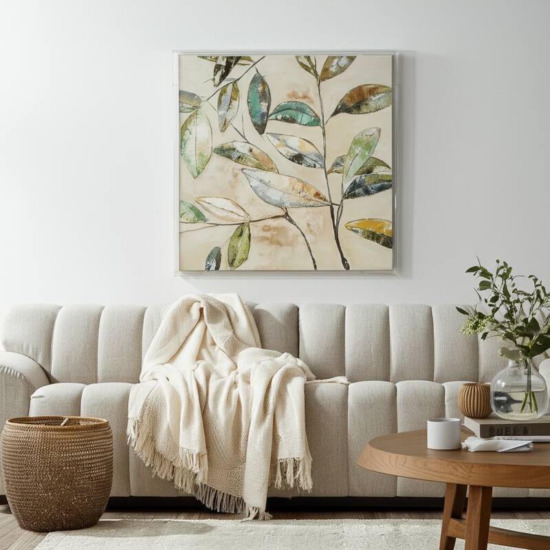 Canvas Wall Art Wood Frame Hand Painted Leaf Design - 40" Multi