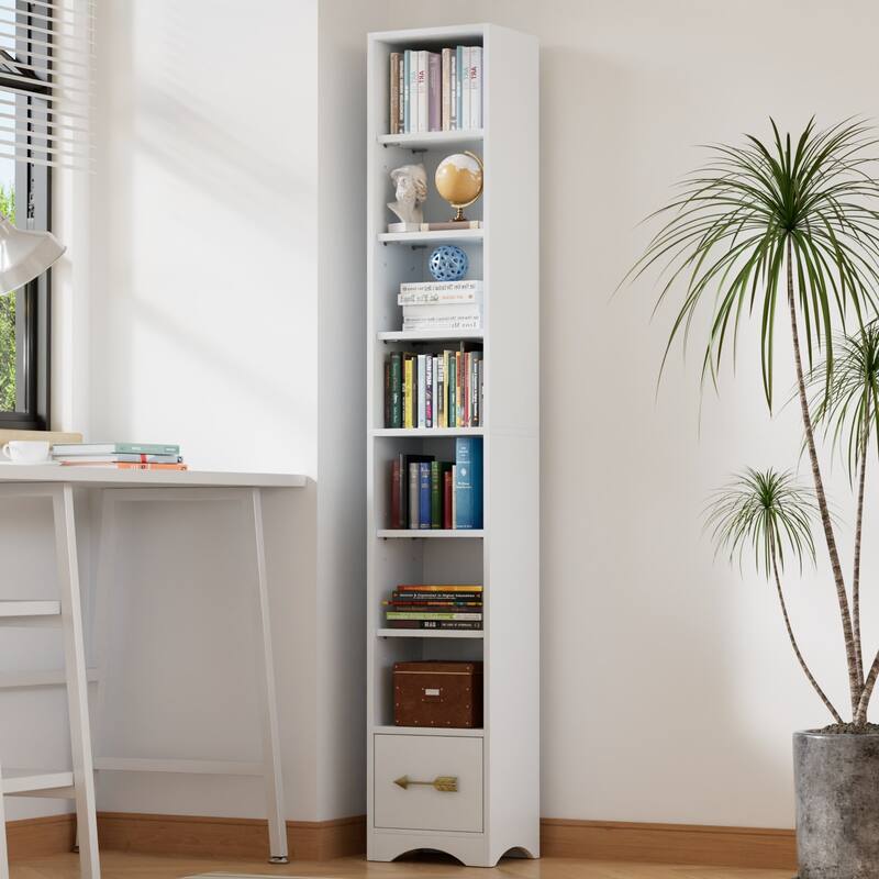 Javlergo Tall 7-Tier Adjustable Corner Bookcase with Drawer MDF Storage Shelf for Living Room Bedroom Kitchen and Entryway