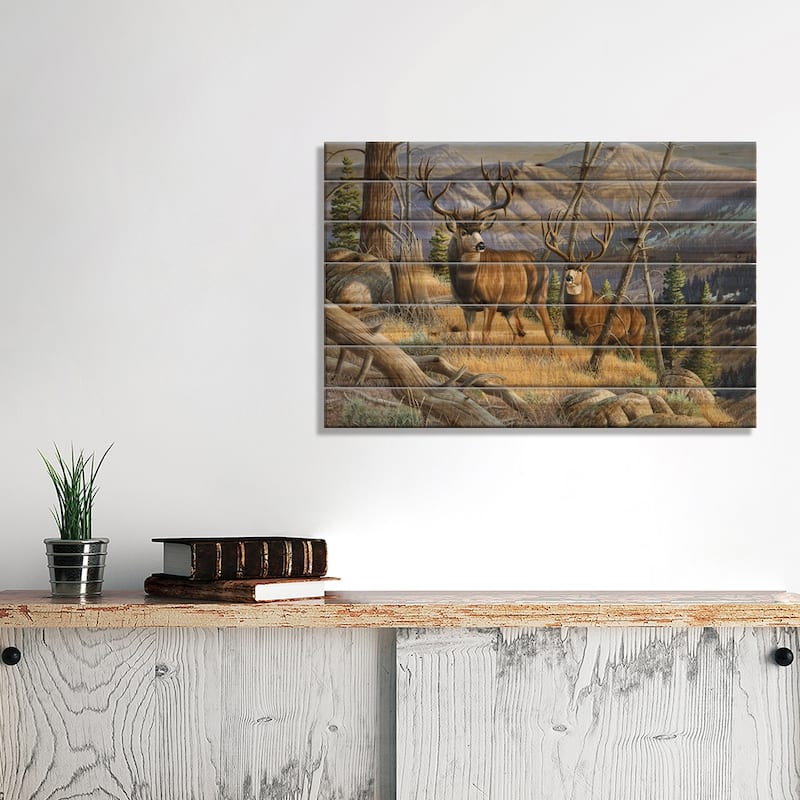 Two Mule Deer Bucks Print On Wood by Cynthie Fisher - Multi-Color