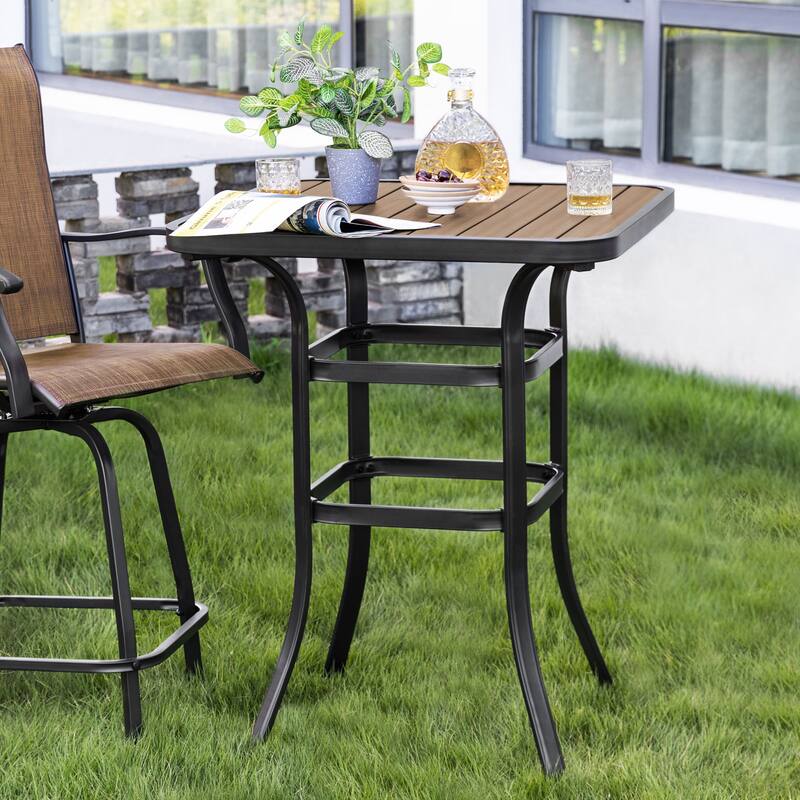 Outdoor Square Height Bar Table with Faux Wood Tabletop, Brown
