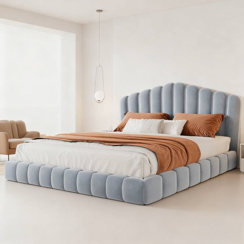 Velvet Upholstered Queen Bed Frame Shell-Shaped Headboard - Light Blue