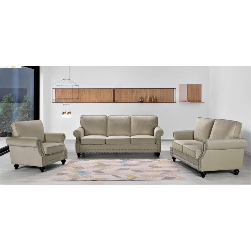 Ramos Nailhead Velvet 3-Piece Set-Loveseat Sofa and Chair - Beige