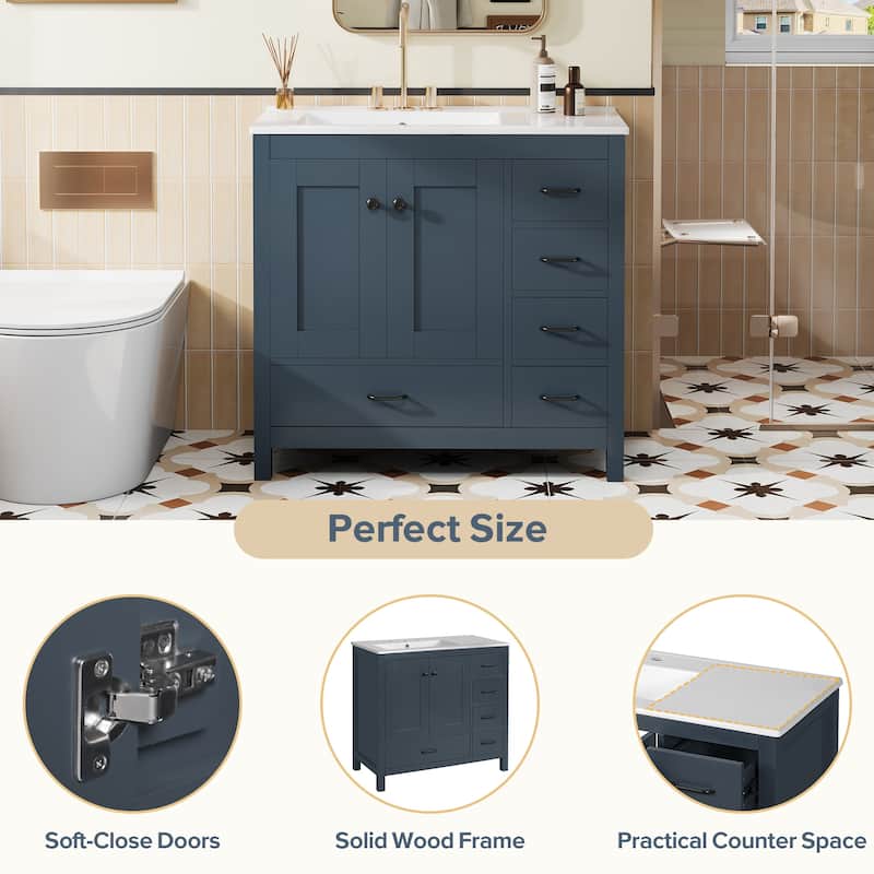 36" Bathroom Vanity with Ceramic Sink, Freestanding Cabinet with 2 Soft Close Doors and 5 Drawers, Solid Wood Frame