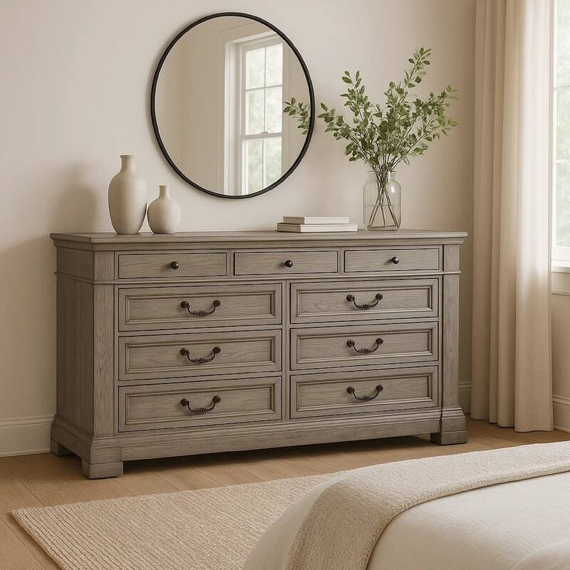 Roi Wide Dresser, 62 Inch, 9 Dovetail Drawers, Weathered Gray