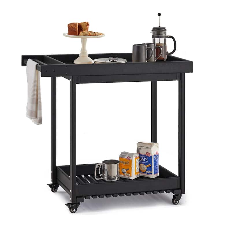 EROMMY Rolling Kitchen Island Cart with Storage, 2-Tier Mobile Outdoor Kitchen Cart on Wheels, Black HDPE Utility Serving Table
