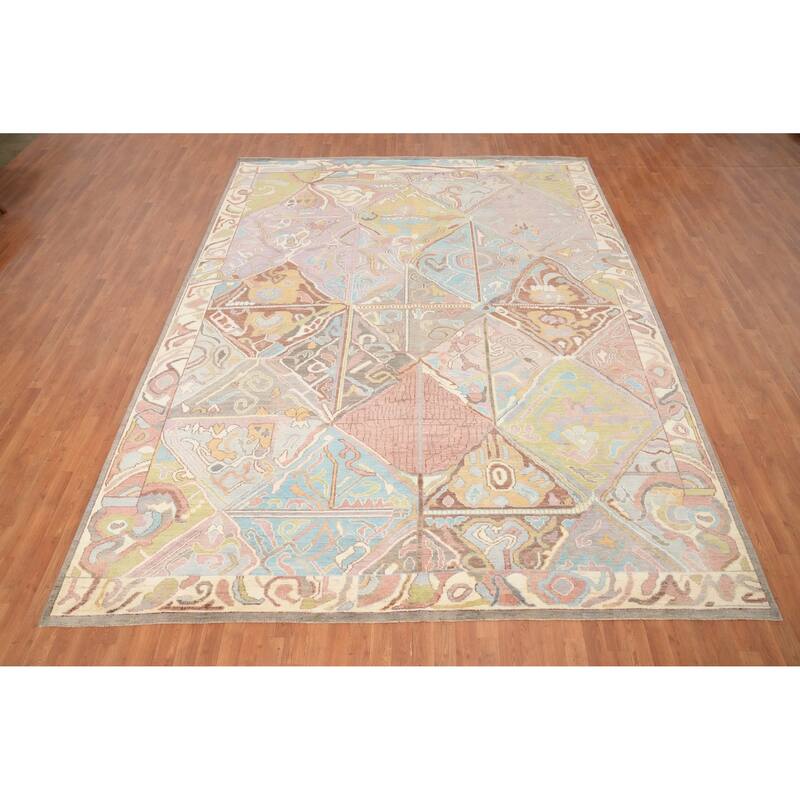 Hand Knotted Oriental 100% Wool Carpet Transitional Geometric Multi-Colored Oushak Area Rug - 12' 10'' X 9' 11''