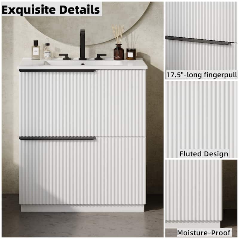 30" Freestanding Bathroom Vanity with Ceramic Sink - Fluted Design with Full-Extension Soft-Close Drawers - for Small Bathrooms
