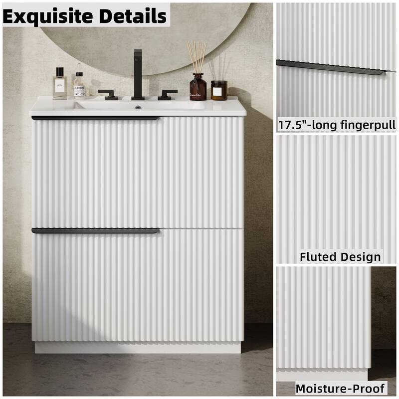 Fluted Bathroom Vanity with Ceramic Sink, Freestanding Vanities Set, Bathroom Storage Cabinet with Full-Extension Drawers