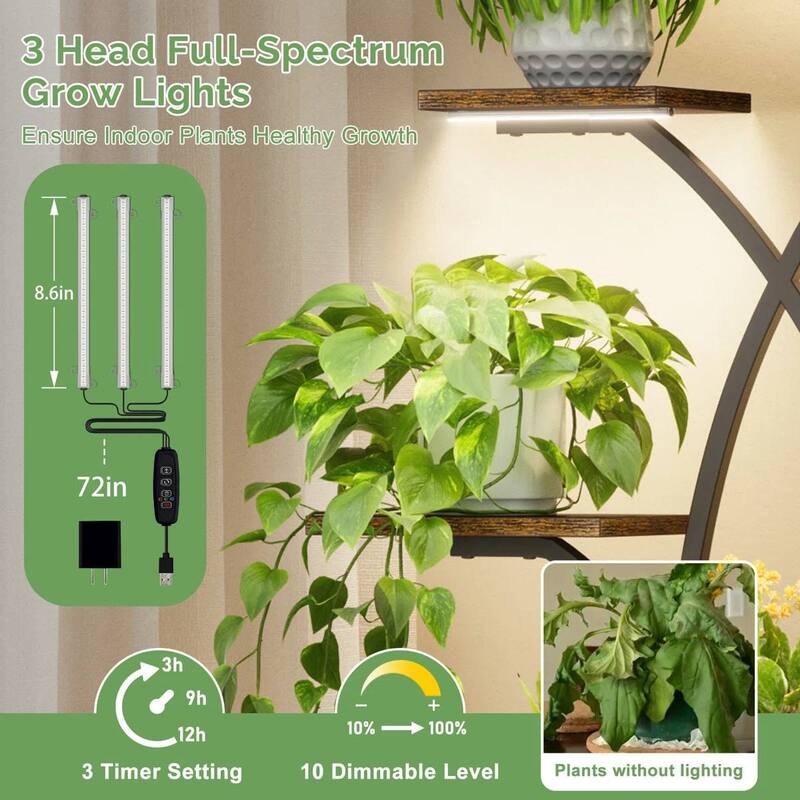 Brown-Black Iron Wood 8-Tier Indoor Tree Plant Stand with Grow Lights and Storage Shelves - 19.68'' L X 10.23'' W x 62” H