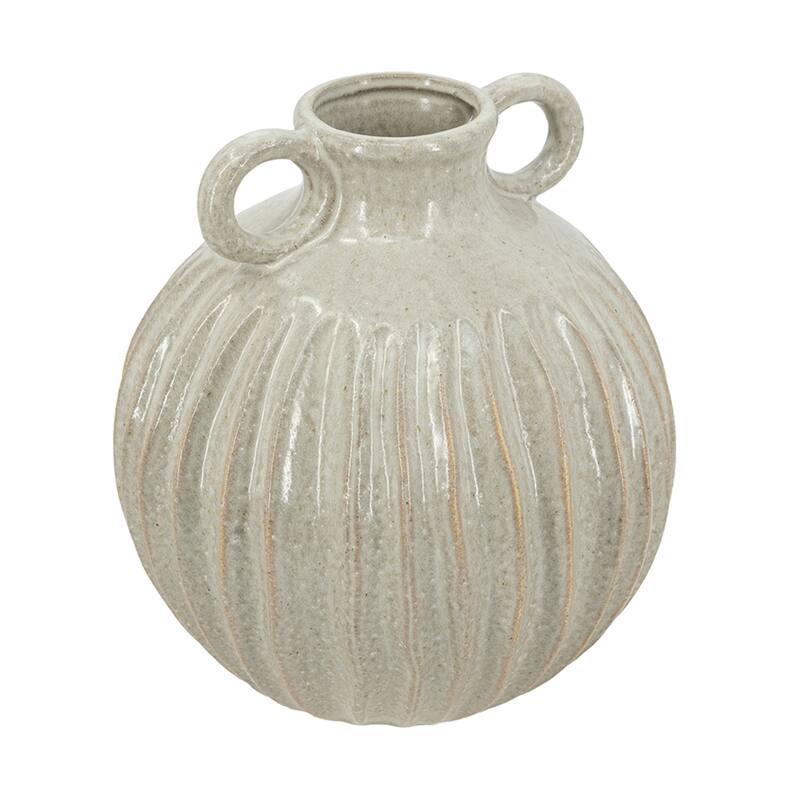 9x9x10" Decorative Round Ceramic Flower Vase with Small Handles and Textured Motif, Gold