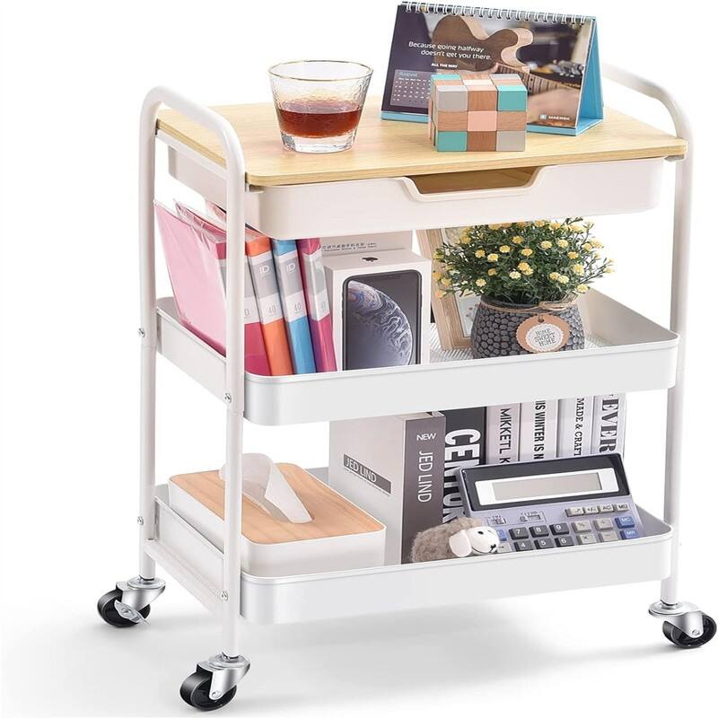 3 Tier Utility Rolling Cart with Wooden Board and Drawer - 11.8"D x 18.5"W x 30.3"H - Light Color