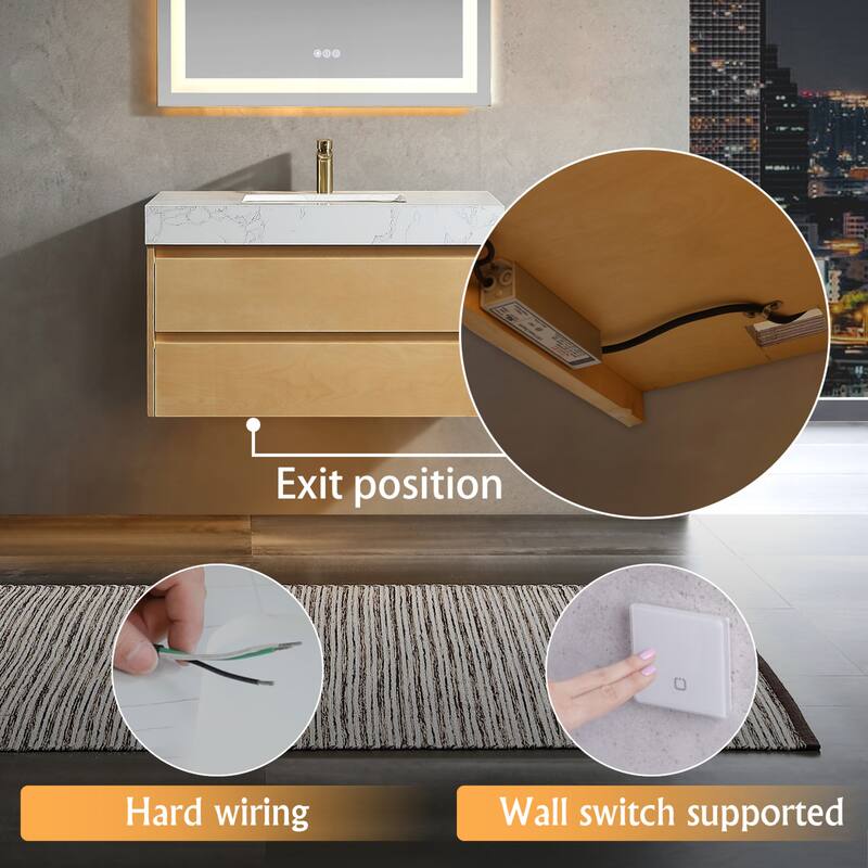 Modland 36" Wall-Mount Bathroom Vanity with LED Base Light & Engineered Stone Top - Soft-Close Drawers, Maple Yellow - 36 inch