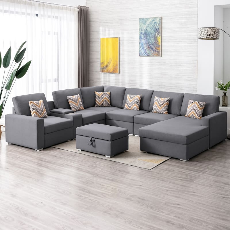 Linen Fabric 8 Piece U-Shaped Reversible Chaise Sectional Sofa with Interchangeable Legs and 6 Pillows