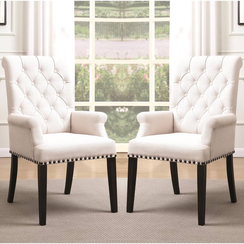 Decorative Rolled Button Beige Tufted Arm Chair with Nailhead Trim