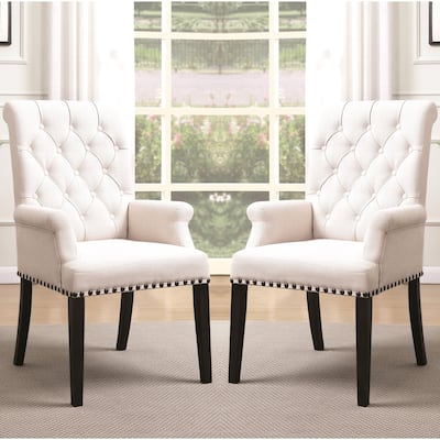 Decorative Rolled Button Beige Tufted Arm Chair with Nailhead Trim
