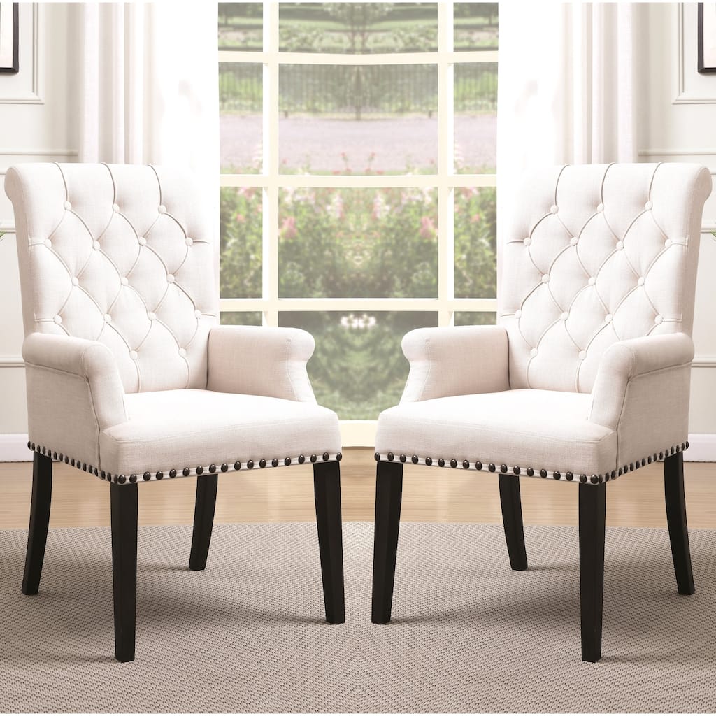 Decorative Rolled Button Beige Tufted Arm Chair with Nailhead Trim
