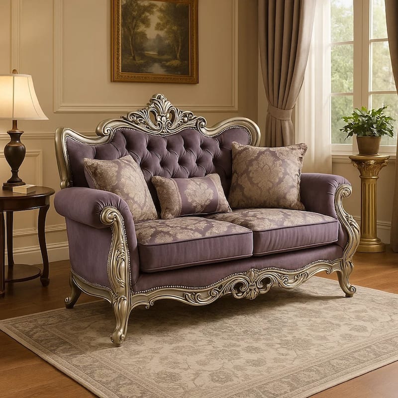 Aboi Loveseat, 3 Accent Pillows, Purple Velvet, Carved Details, 70 Inch