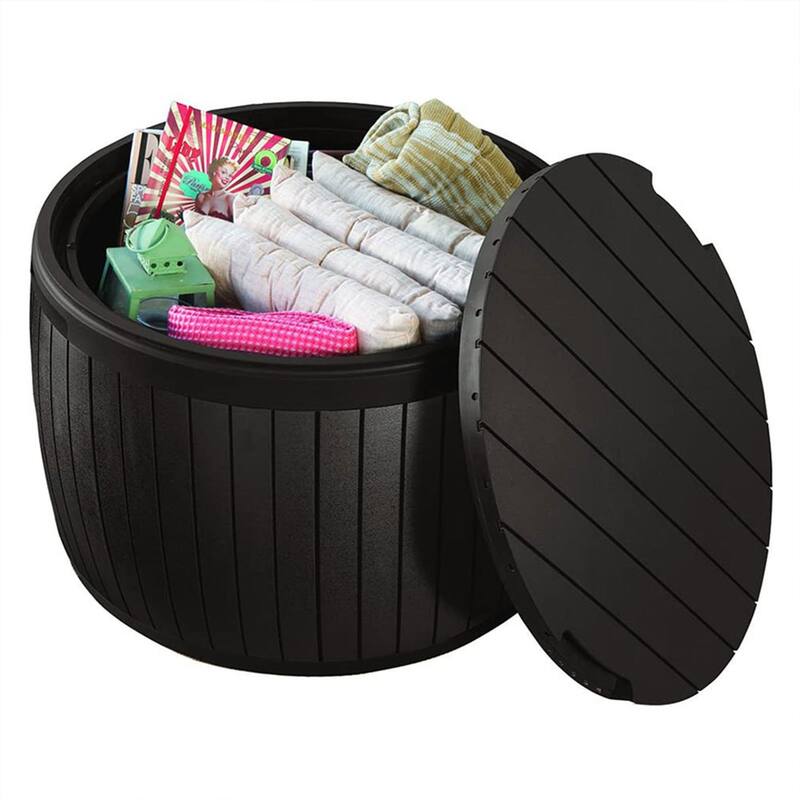 Keter Circa 37gal Round Patio Box Stylish Storage Table and Seating, Brown Resin - 27.5 x 27.5 x 17.1 inches