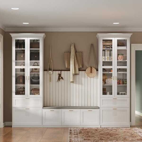 Entryway Storage Bench and Bookcase Combo w/Tempered Glass Curio ...