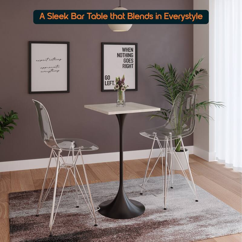 Verve 43 in. Tall Bar Height Dining Table Square MDF Wood Tabletop in White Stainless Steel Pedestal Base Accent Bar Table
