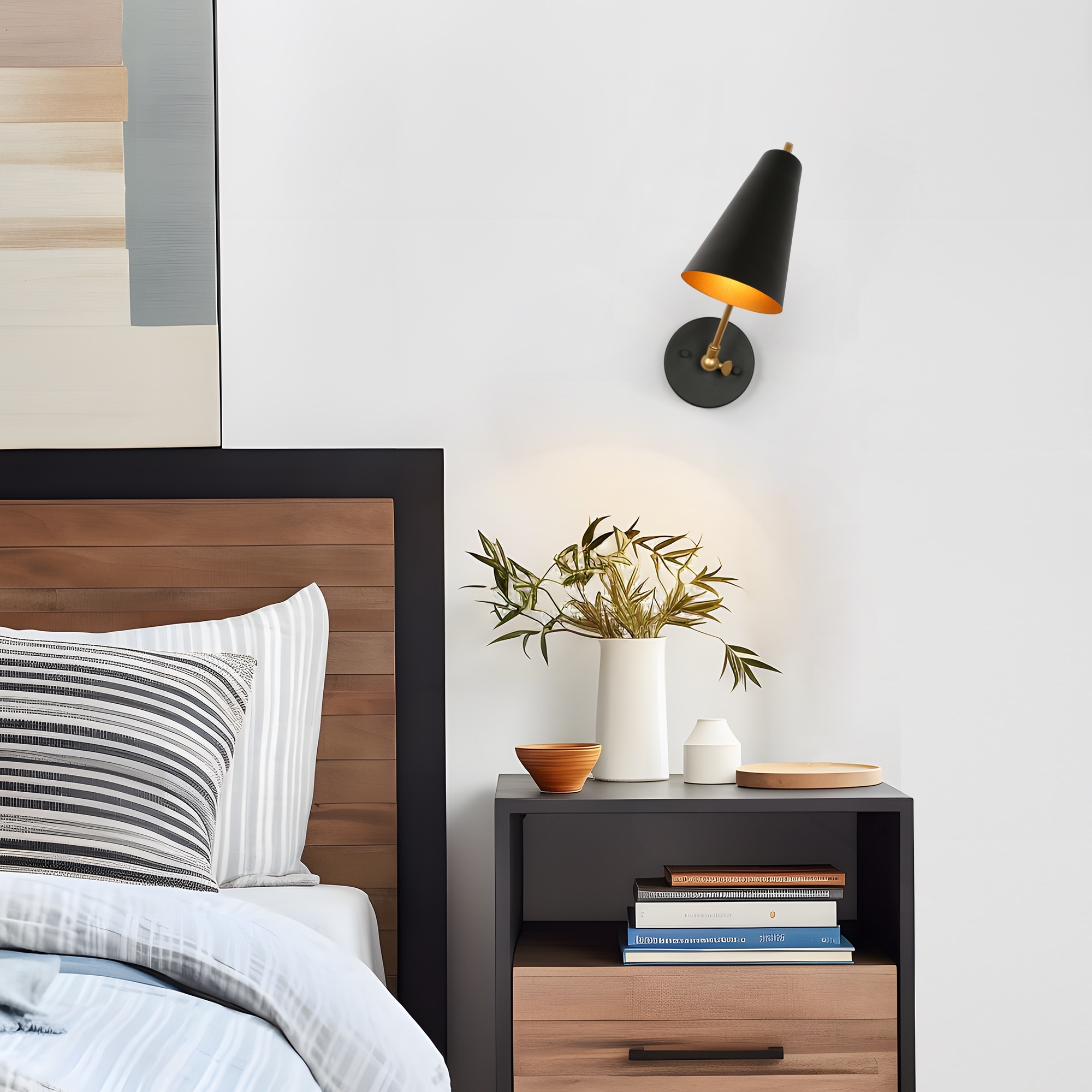 Modern Metal 1-Light Black Gold Wall Sconces Swing Arm Light Plug-in/ Hardwired Adjustable Lamp - 4.7 " L × 16.1 " W × 11.8 " H