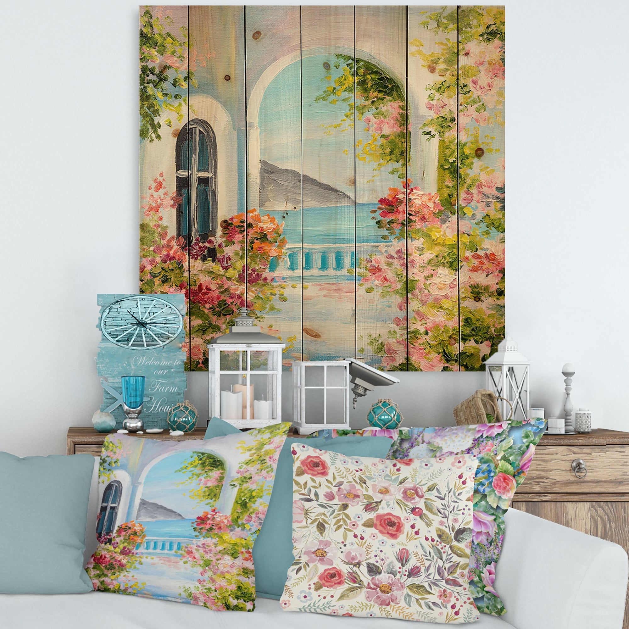 Designart 'Traditional Greek House With Pink Flowers' Nautical & Coastal  Print on Natural Pine Wood - On Sale - Bed Bath & Beyond - 33597676