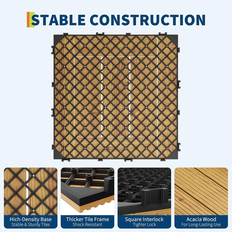 Water Resistant 33 Pack 12"X12" Wood Patio Flooring Deck Tiles for Indoor & Outdoor Use - 33-Pack