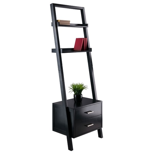 Modern Black 2 Drawer Entryway Shelf Leaning Ladder Bookshelf