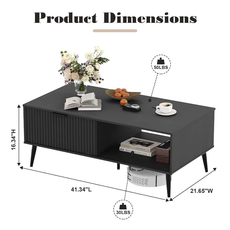 Coffee Table with Storage, 2-Tier Wooden Coffee Table with Sliding Door,